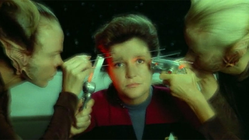 Janeway probed by the Srivani aliens Voyager "Scientific Method"