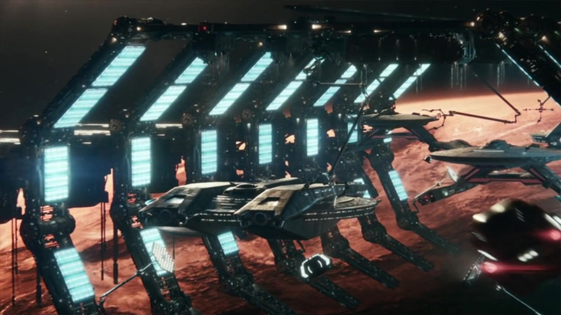 (Paramount+) A Magee-class ship in drydock in 2385